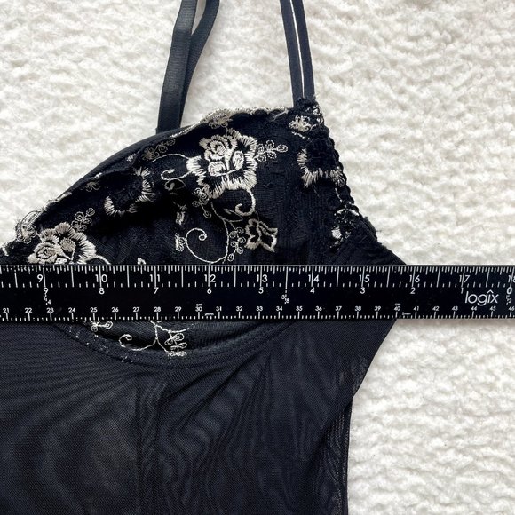 Black Chemise Slip Lingerie Womens M Medium Black Sheer Mesh Padded Embroidered - Picture 8 of 10
